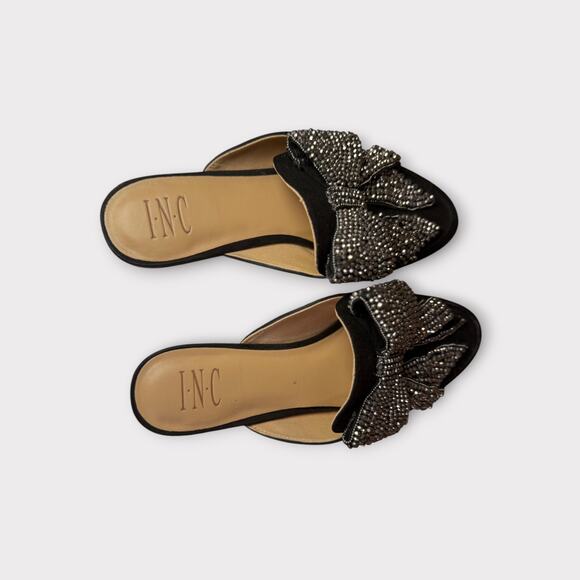 Black Rhinestone Bow Mules – Sparkly Slip-On Flats | Size 8 Velvet & Glam Look - Picture 2 of 7
